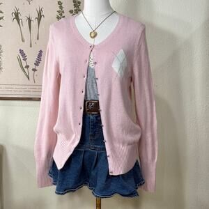 Y2k Pink Argyle Cardigan Sweater Coquette Dolly Dollette Light Academia Preppy M